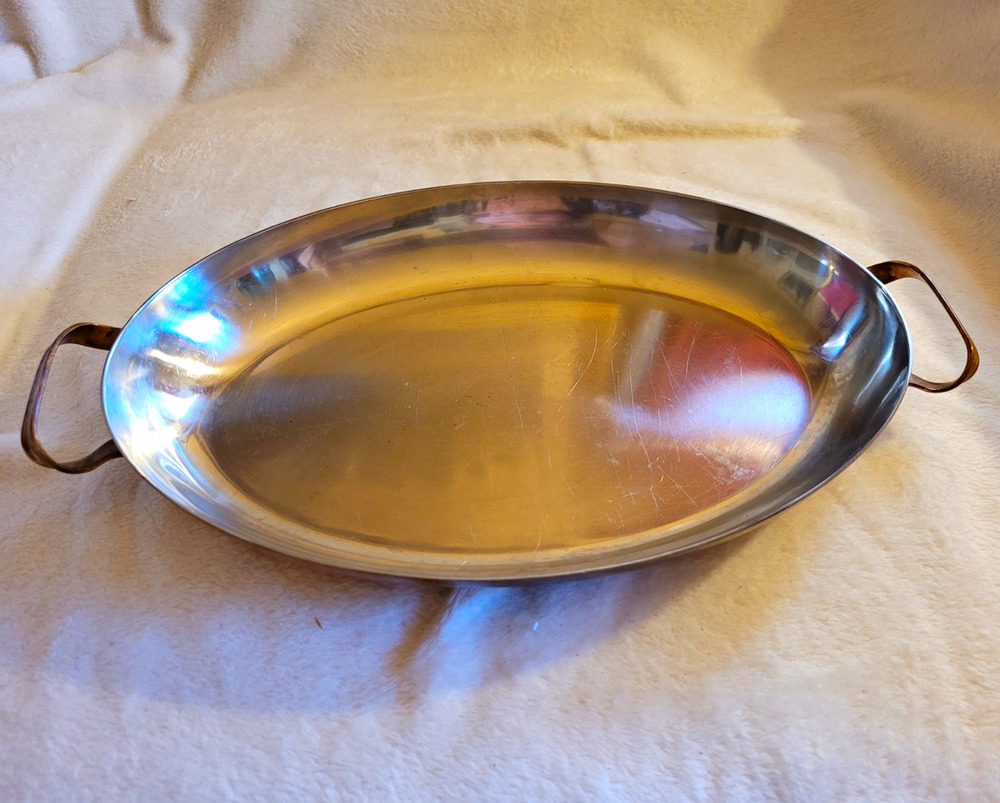 Vintage Copper Clad Oval Au Gratin Pan Made In Spain Brass Handles Fish Baker